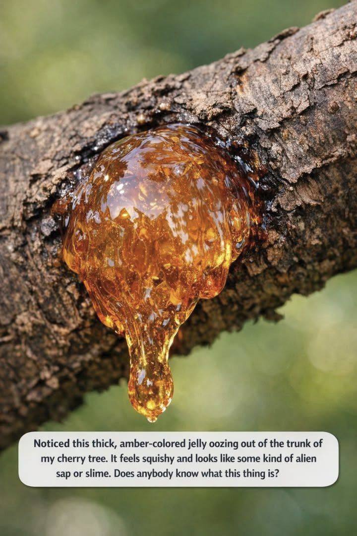 Noticed this thick, amber-colored jelly oozing out of the trunk of my cherry tree. It feels squishy and looks like some kind of alien sap or slime. Do.